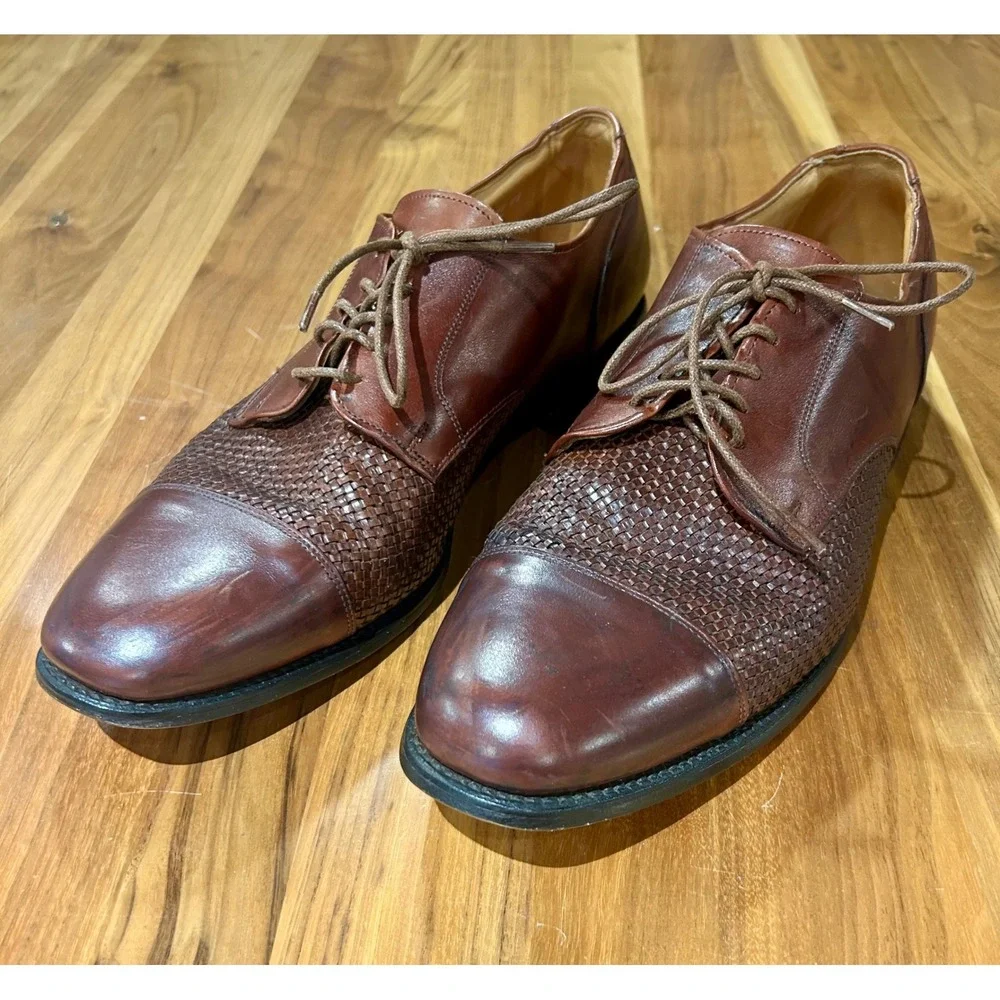 Allen Edmonds Lauderdale Brown Woven Leather Cap Toe Oxford Mens 14 D 3729